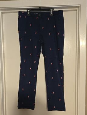 Talbots Navy Slim Straight Pants with Pink Flamingo Motif